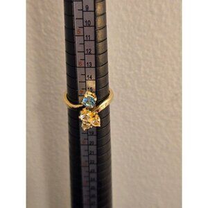 Gold Toned Cluster Ring with Blue and Clear Stones, Size 7.5